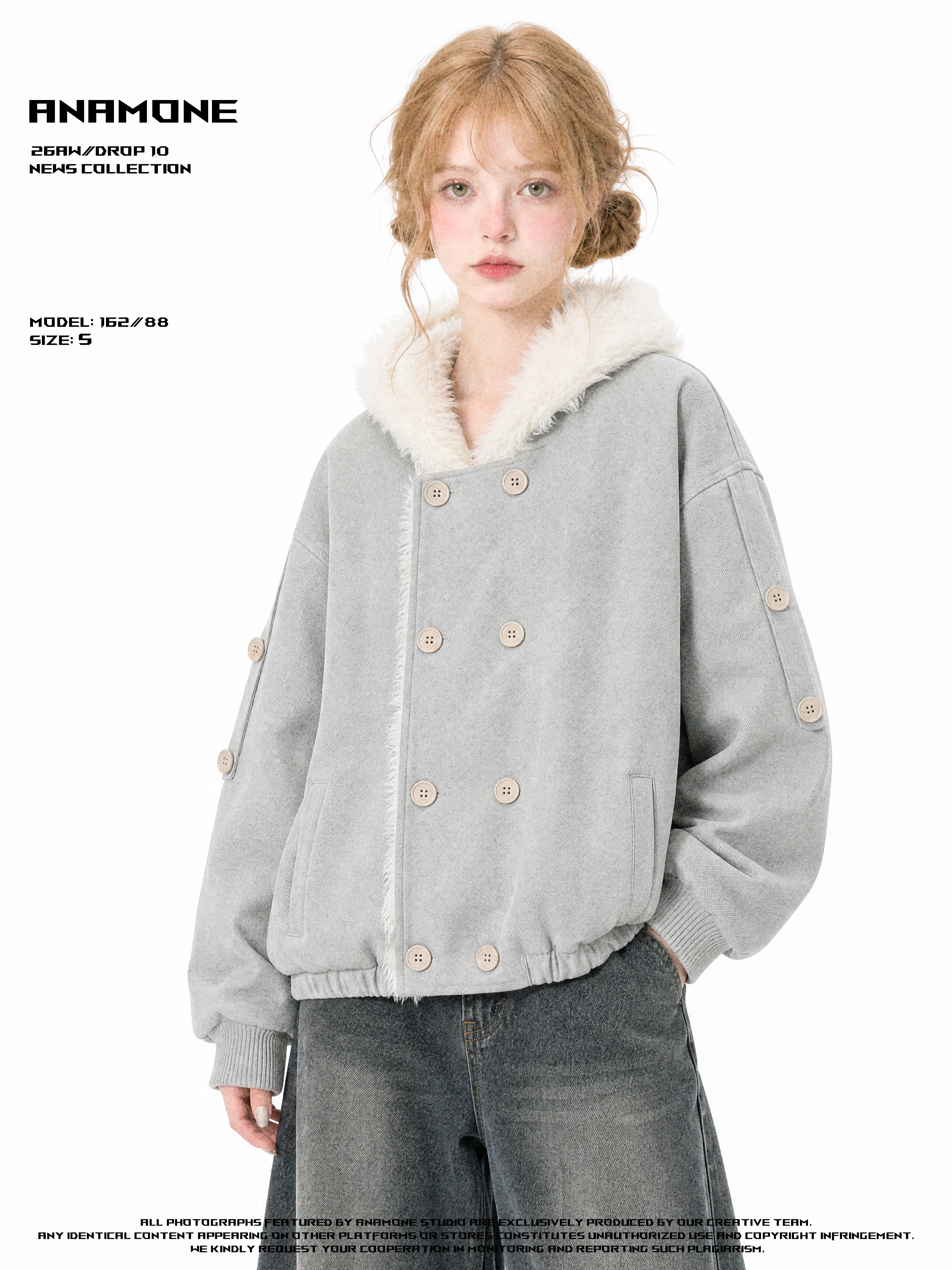 ANAMONE Thickened Double-Row Button Hooded Cotton Jacket Women's Short Style Warm Winter Coat Casual Loose Fit Pure Color