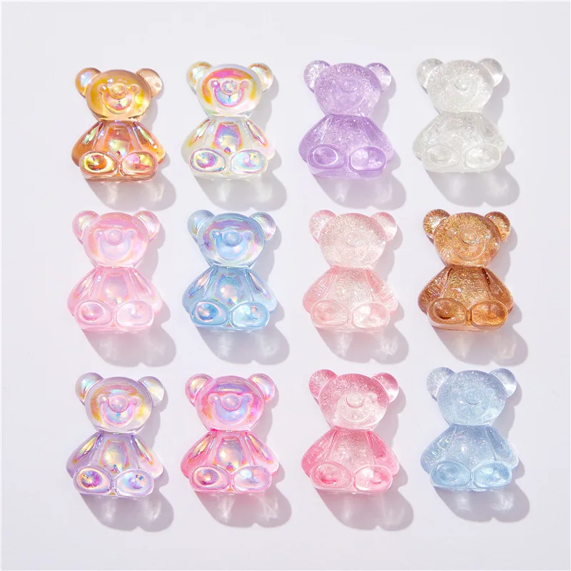 10pc Resin AB Magic Color Transparent Teddy Bear Figurine Flatback Cabochon Hair Bow Center Jewelry Accessories DIY Scrapbooking