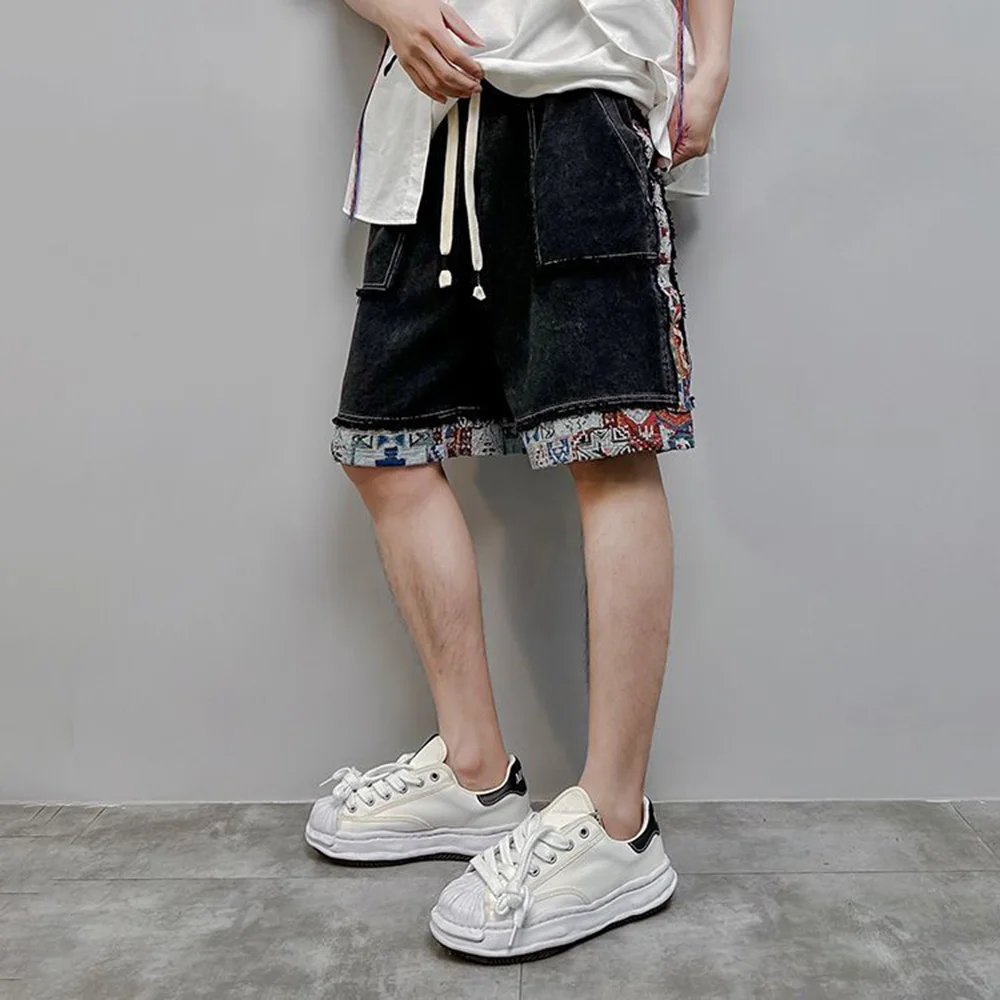 Y2K Mens Shorts Color Blocked Pockets Denim Shorts Summer Casual Japanese Ethnic Style Durable Shorts Men\'s Clothing Unisex 2024