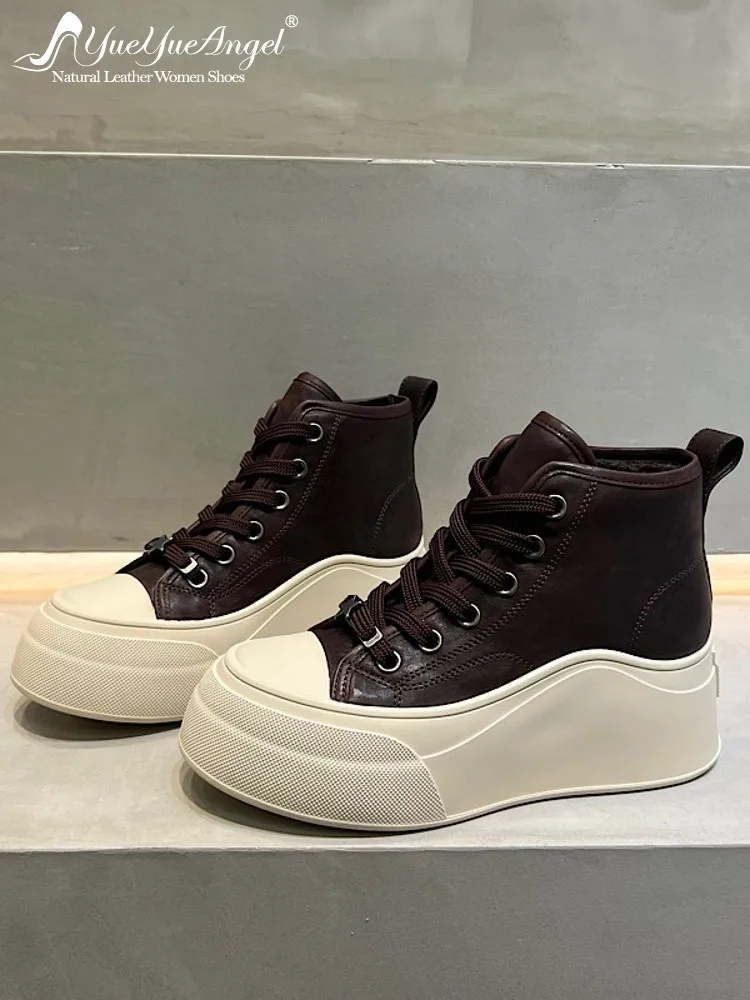 Fashion Winter Women Thick Platform High Top Warm Fleece Lining Shoes Cowhide Genuine Leather Ankle Boots Casual Lace Up Shoes