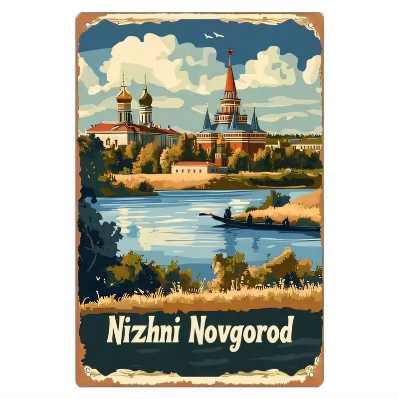 Vintage Metal Tin Sign - Nizhni Novgorod Scenic River & Architecture Art, Vibrant Retro Wall Decor, Iron Material, Perfect for H