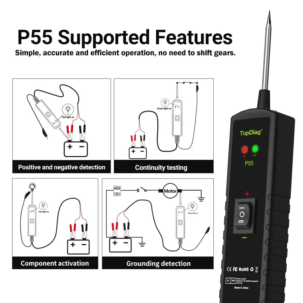 TOPDIAG P55 Automotive Electrical Circuit Tester Car Power Probe Tester 12V 24V Test Light Polarity Pen Auto Diagnostic Tool