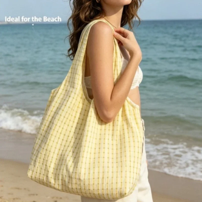 Mint Green Plaid Canvas Shoulder Tote Bag Vibrant Candy Tone Lightweight All-match Summer Outing Refreshing Design image 2