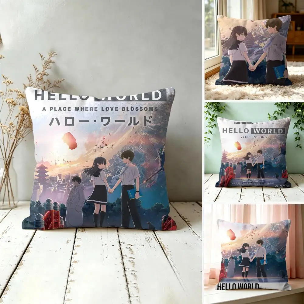 Hello W-WorldS Anime Cute Cushion Cover Square Pillow Bedroom Sofa Leisure Comfort Living Room Home Decoration 40X40