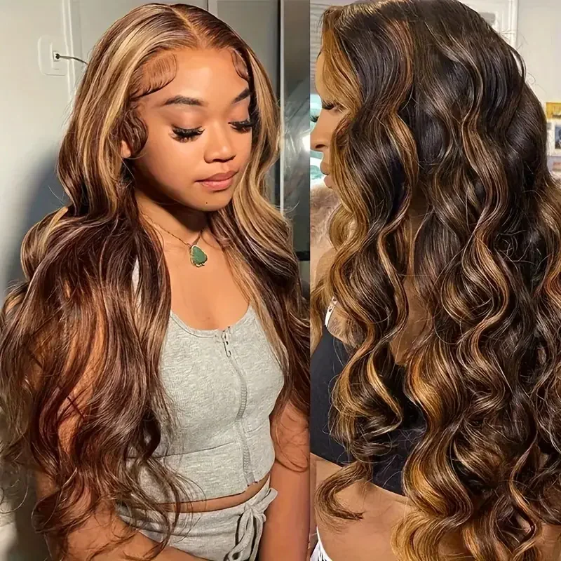 220%Density  Highlight Ombre Body Wave 13x4 Lace Frontal Wigs 4/27 Blonde Brown Colored 13x6 Lace Front Human Hair Wig For Women