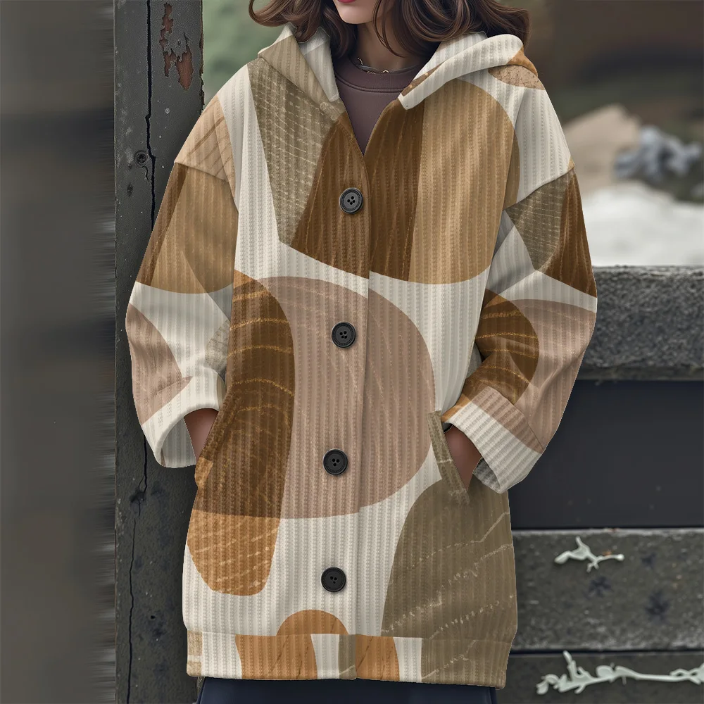 مجردة الهندسة سترة طويلة كتل الألوان الهندسية معطف بقلنسوة 2025 المرأة الجديدة سترة بأكمام طويلة سترة غير رسمية #3