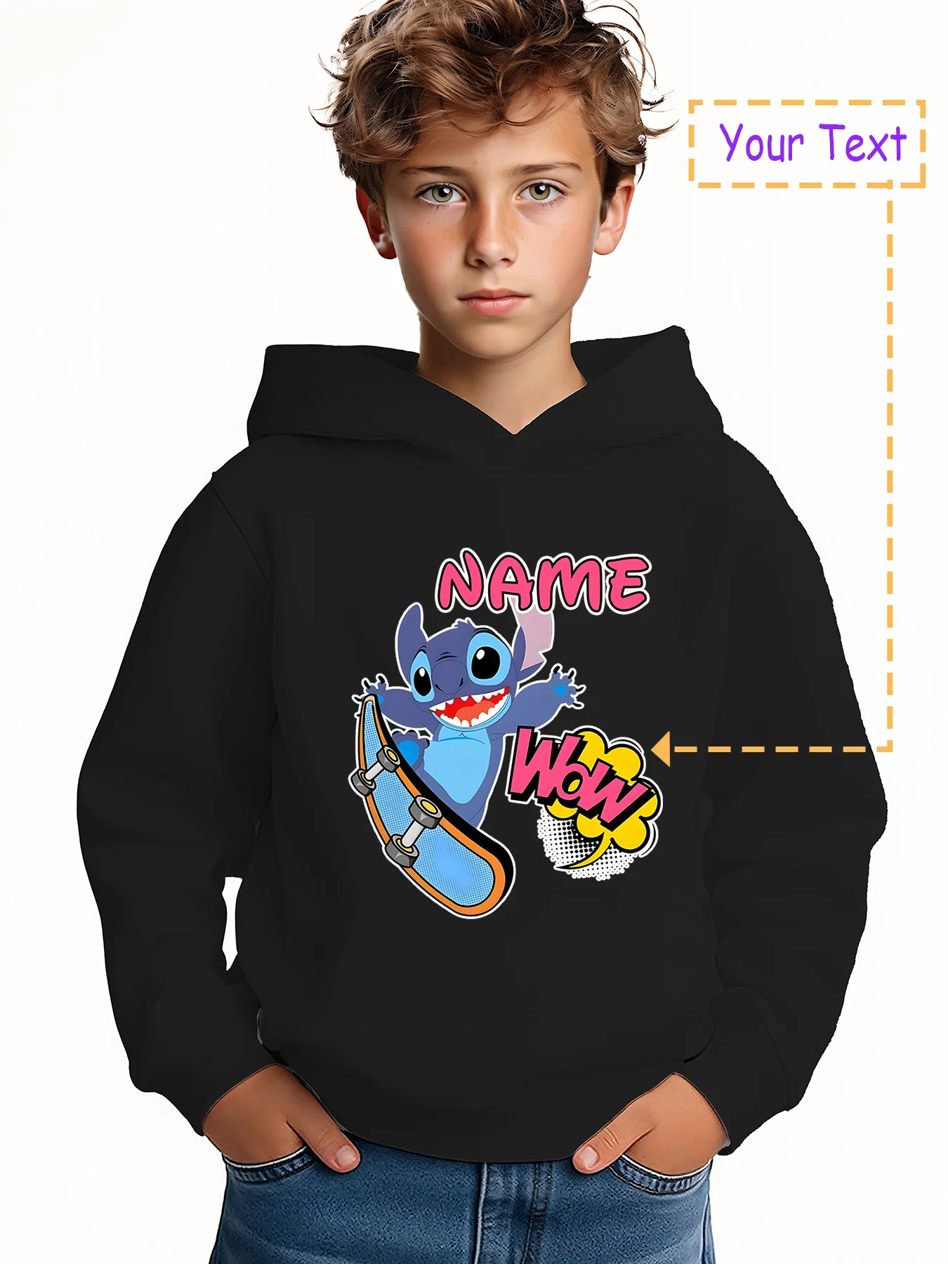 

MINISO Stitch Skateboard Hoodie - Stitch's skateboarding "Wow" design, customizable with "NAME." Licensed by Disney, perfect for