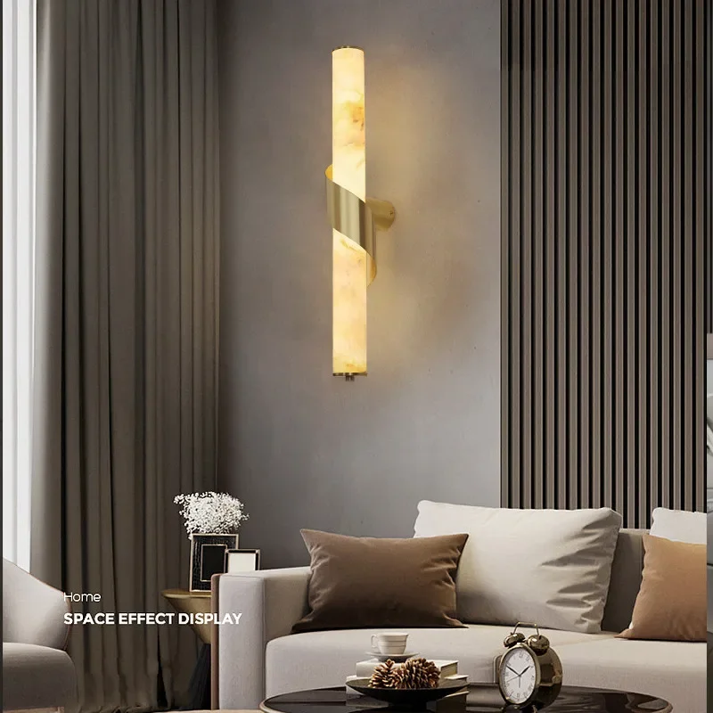 

Spanish Natural Marble Alabaster Wall Lamp Background Wall Corridor Living Room Bedroom Bedside All Copper Wall Lamp Fixture