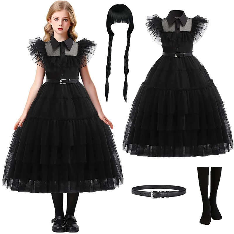 

Girls Gothic Black Mesh Princess Dress With Puffy Sleeves+Belt+Accessories For Youngsters Halloween Christmas Carnival Party