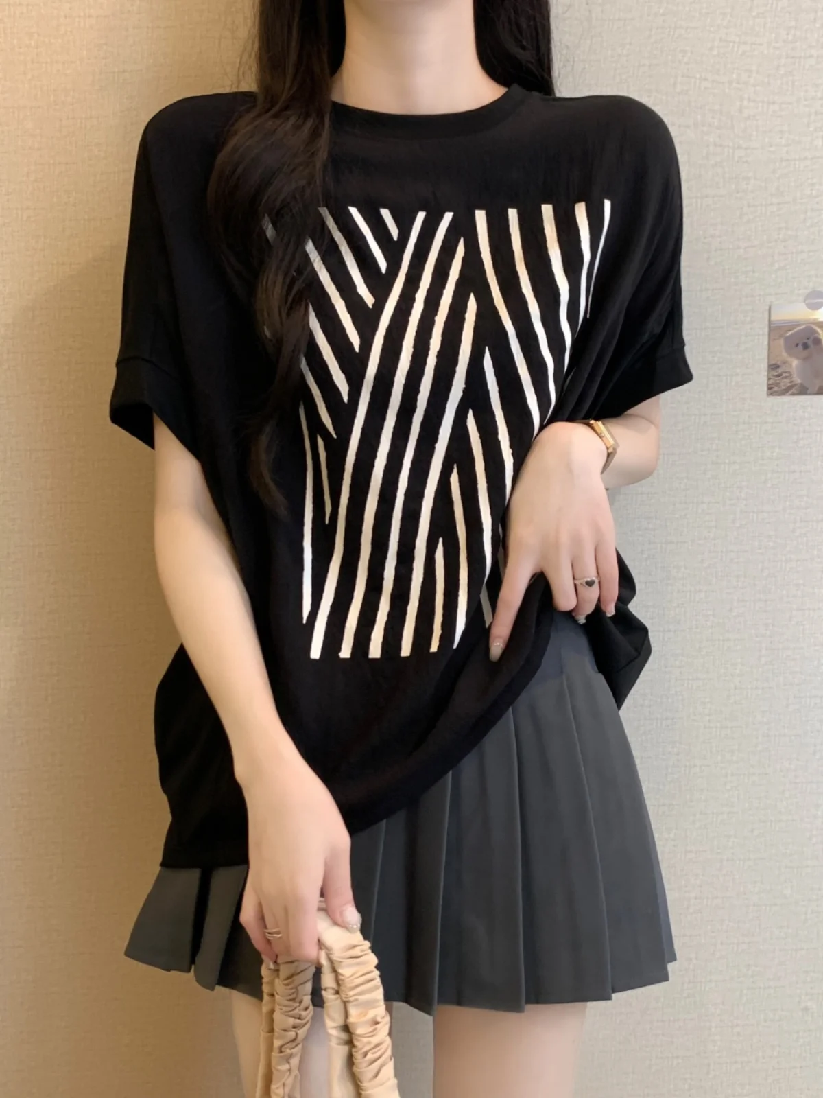 American Style Ice Silk Short Sleeve T-Shirt Women's plus Size Summer Slimming Top Cover Belly Conceal Meat Upper Body