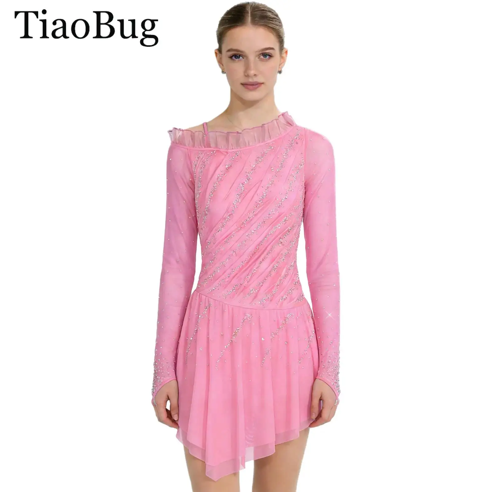 

Women Rhinestones Figure Ice Skating Dress Sheer Mesh Long Sleeves Asymmetrical Gymnastics Ballet Lyrical Dance Leotard Dress