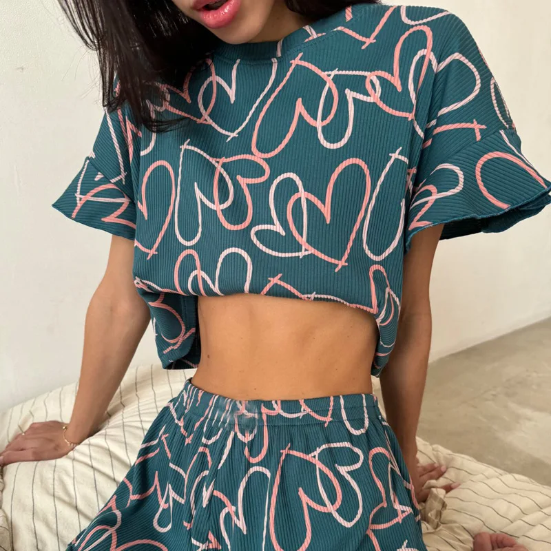 Women\'s Floral Print Pajamas Set Summer Casual Short Sleeve Top Shorts Sleepwear 2 Piece Set Loose Round Neck Home Loungewear