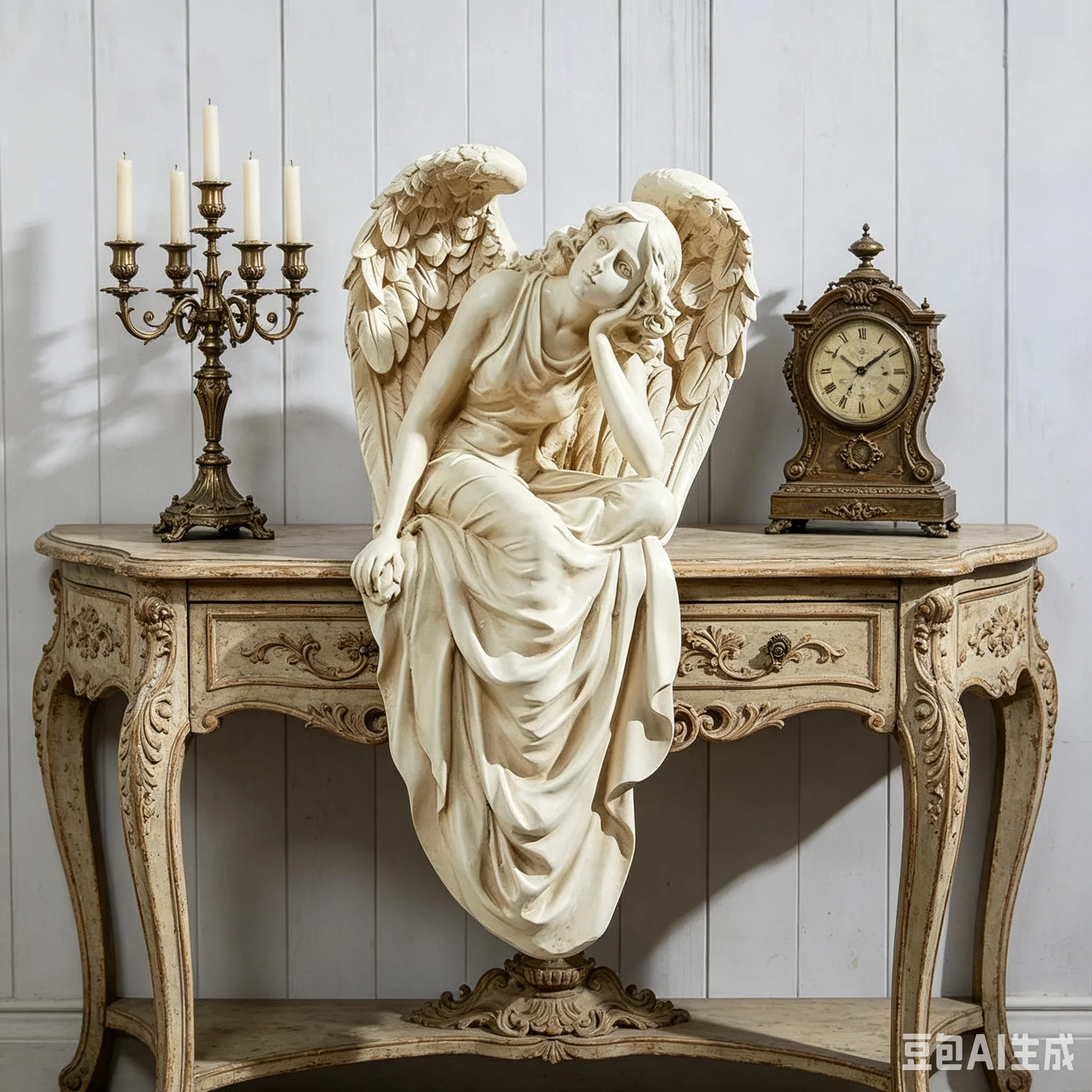 vintage-style distressed angel figurine, French plaster-inspired resin decoration for the living room or bookshelf