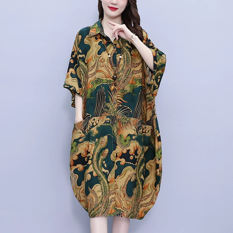 

#7922 Vintage Printed Shirt Dress Women Pockets Asymmetrical A-Line Dress Female Batwing Sleeve Loose Midi Dress Ladies Summer