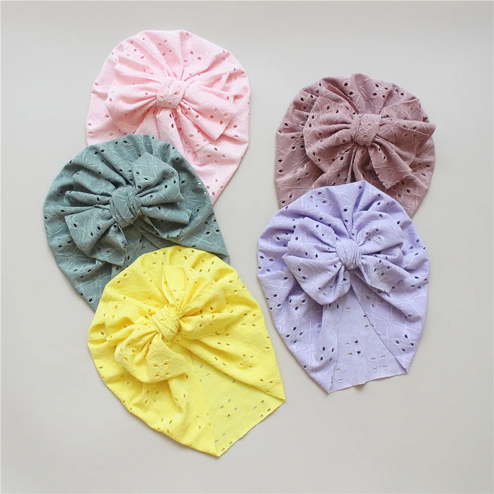 Large Bow Newborn Spring Summer Thin Hat Beanie Turban Cap Cutout Hollow Headwrap for Baby Girls Headwear Boys Infant Hat 0-3Y