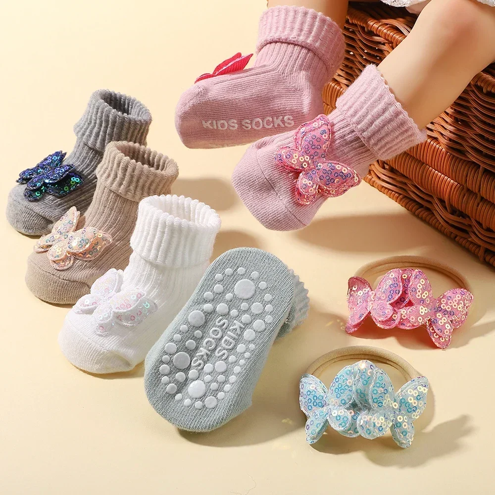 0-1Y Lovely Cartoon Baby Socks Hair Band Set Infant Toddler Non Slip Breathable Short Socks Newborn Headband Gift Accesorios