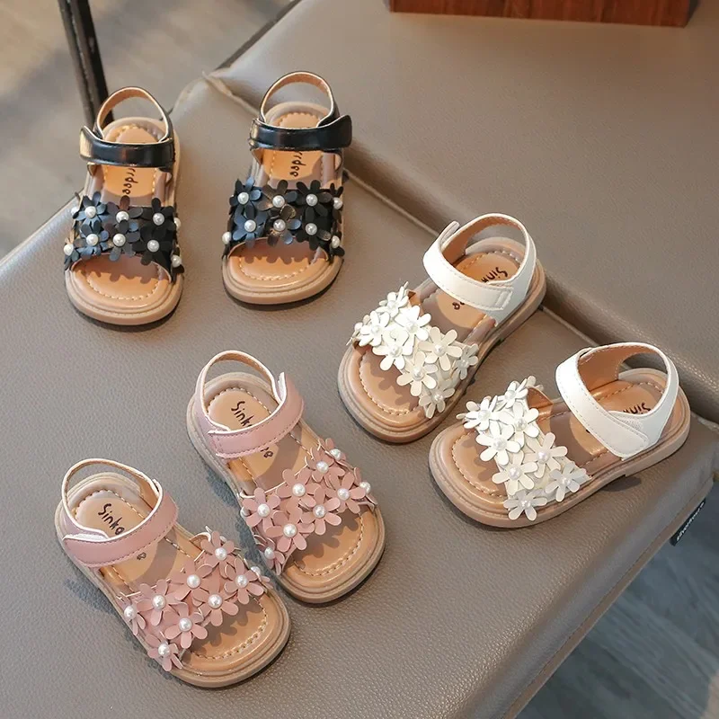 Girls Sandals Kids Beach Shoes Princess Sweet Flowers with Pearls Beads Fashion 2025 Brand New Summer Open Toes Anti-skid Tide