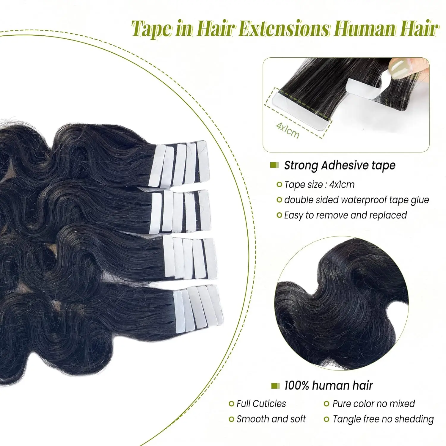 Extensiones de onda ondulada para mujer negra, cinta en cabello humano, pegamento adhesivo de trama de piel de cabello humano Remy 100% Real, negro Natural # 1B