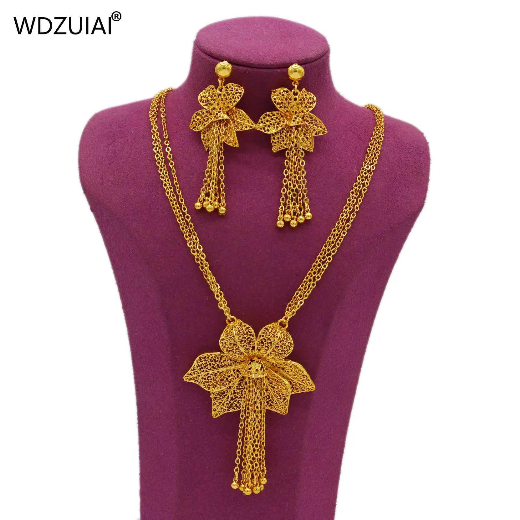 WDZUIAI Dubai Glod Color Flower Tassels Necklace&Earrings Jewelry Sets African Ethiopian Women Bridal Wedding Upscale Jewelry