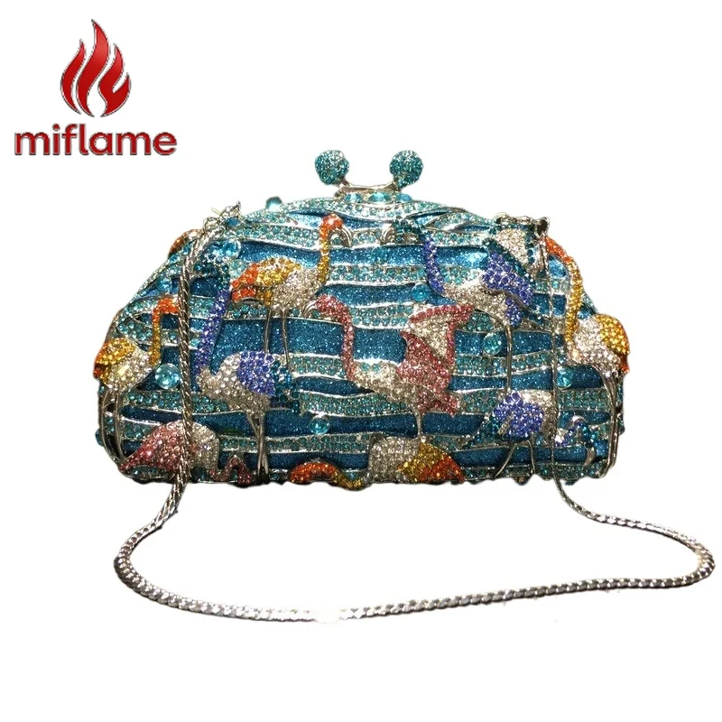 

Elegant Evening Clutch in Lake Blue with Flamingo Crystal Rhinestone Embellishment for Party Wedding Bag
