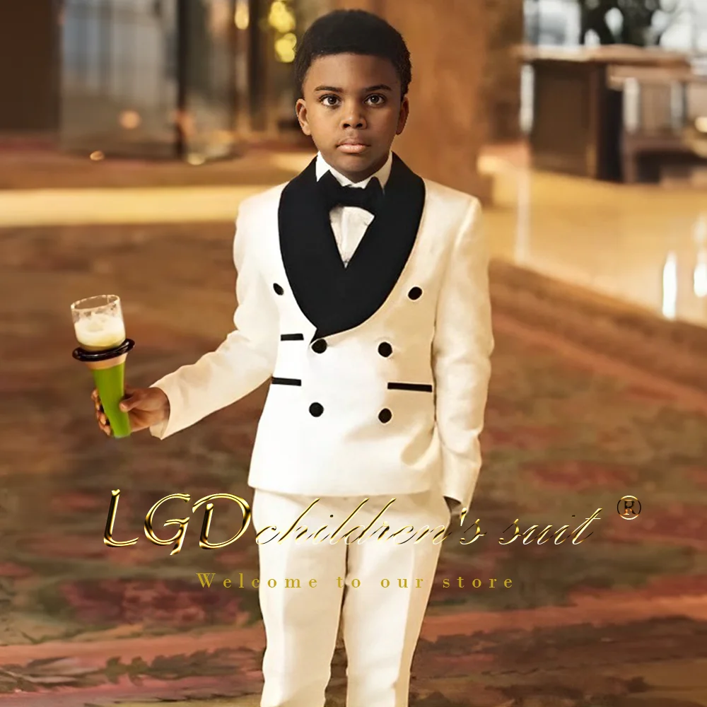 Boys' black velvet collar double-breasted suit vest trousers 3-piece set, children's banquet wedding party formal occasion wear