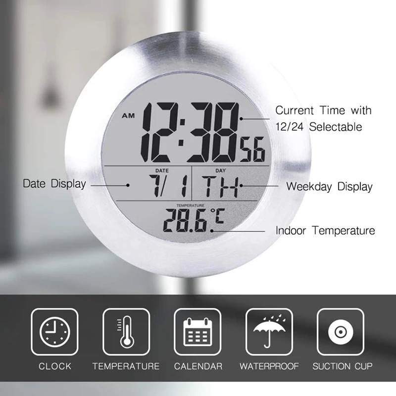 Digital Bathroom Shower Wall Clock, Waterproof, Moisture Proof Meter, Large Screen Display, Calendar Month and Date