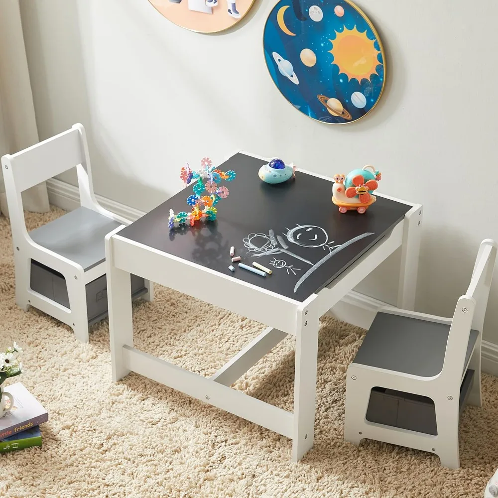 Kids Table and Chair Set, 3 in 1 Wooden Activity Table with Storage Drawer for Toddlers Drawing, Reading, Crafts, Play, 2 in 1