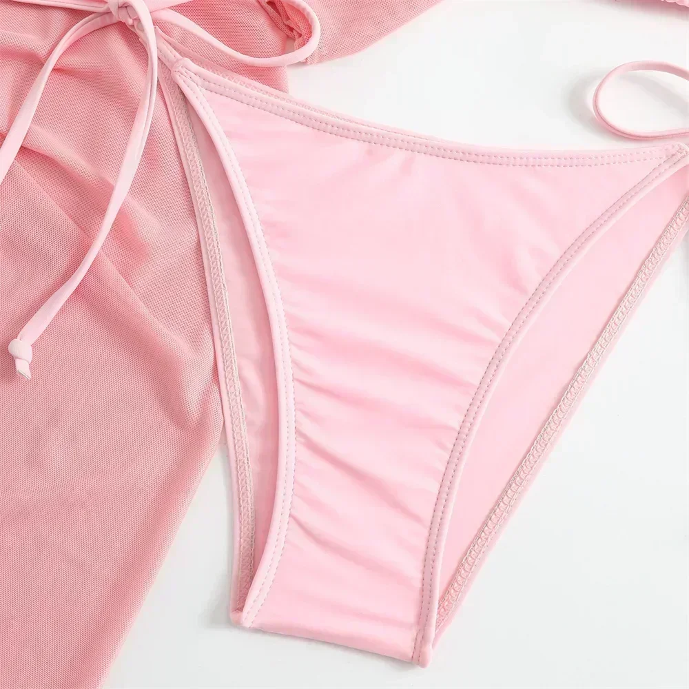 Cute Pink Bandage Swimsuit Cover-up Triangle Bikini Thong Halter Swimwear 4-Piece Trend Bikinis Beach Outfit Women Bathing Suits