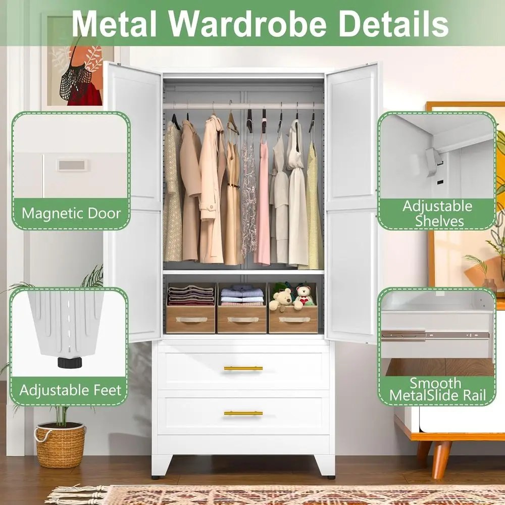 71" H Metal Armoire Wardrobe Closet with 2 Ders, Adjustable Shelve, Clothes Drying Pole, Steel Wardrobe Cabinet or Bedroom (Whit - view 3