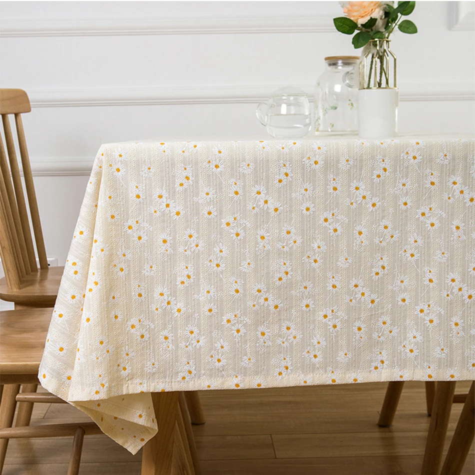 

Korean Style Daisy Cotton Floral Tablecloth,Tea Table Decoration,Rectangle Table Cover For Kitchen Wedding Dining Room