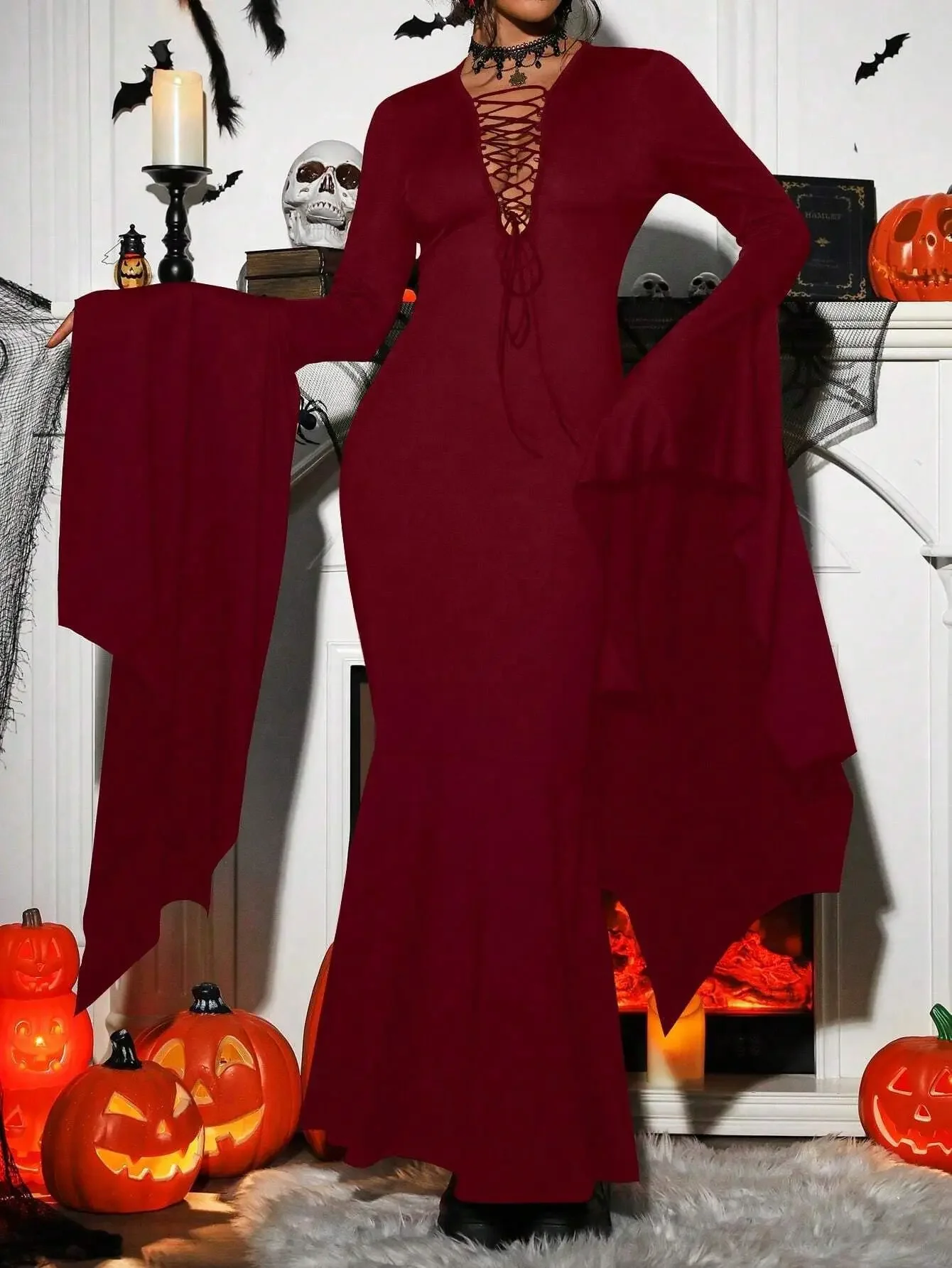 Moda feminina halloween vampiro traje recorte laço bodycon vestido de festa mangas trompete vestido de chão gótico roupas cosplay