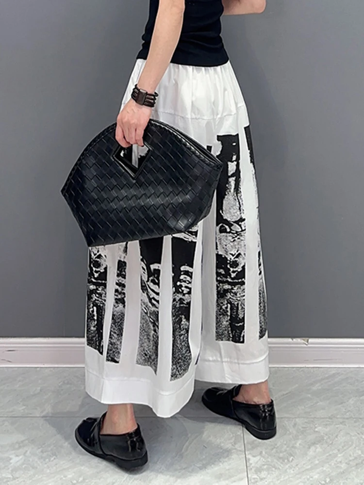 [EAM] High Elastic Waist Black Printed Pleated Long Wide Leg Pants New Trousers Women Fashion Tide Spring Autumn 2024 1DF6290