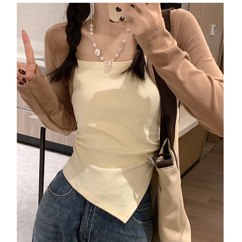 Women's New Square-neck Pleated Top Spring and Summer Korean Irregular Design Bottom Long-sleeve Patchwork Women's T-shirt