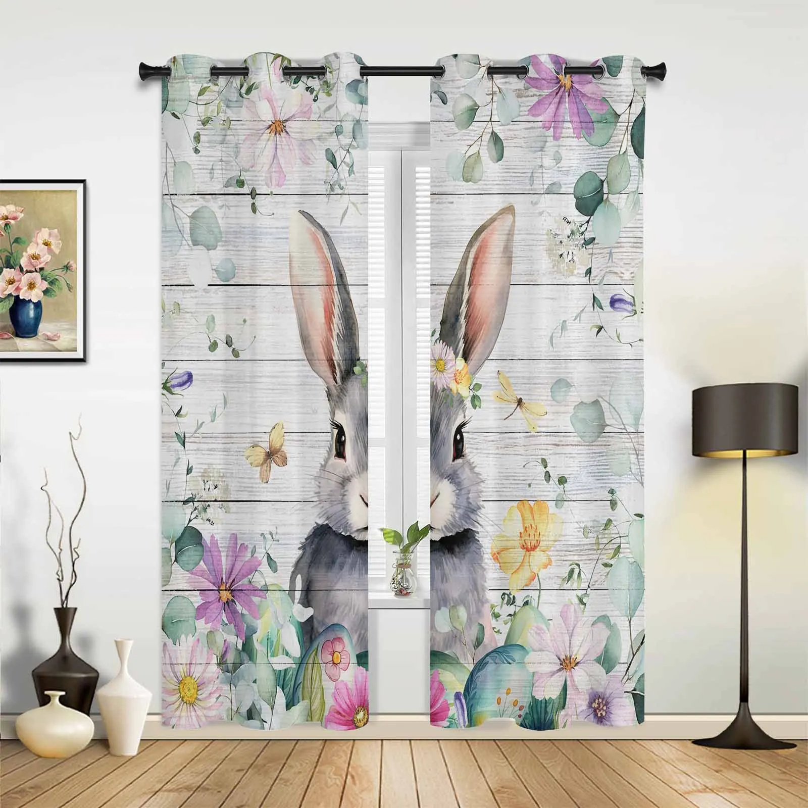 Easter Spring Flowers Bunny Wood Grain Window Curtains for Living Room Bedroom Curtain Modern Kitchen Blinds Drapes Curtains