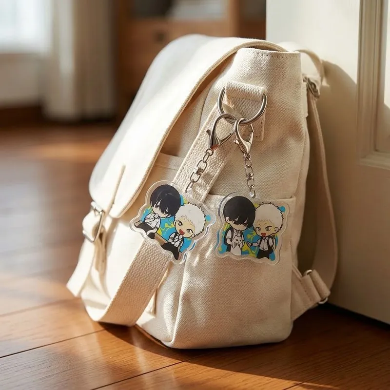 Cute Super Deformed Two Boys Acrylic Key Ring with Cat and Popsicle Design Backpack Phone Strap Gift