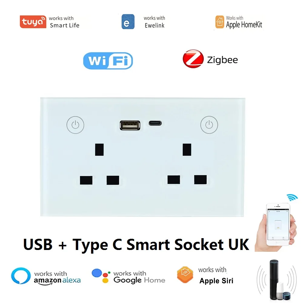 

Умная настенная розетка с голосовым управлением, двойное USB-стекло, Wi-Fi, управление через приложение Tuya, совместима с Alexa и Google home