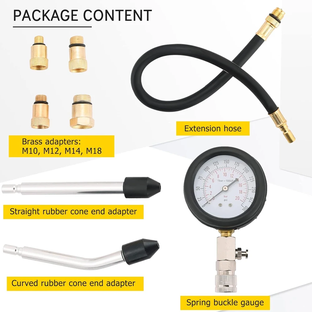 Imagem -03 - Professional Kit Gasolina Motor Compressão Tester Combustível Cilindro Pressure Gauge Tool Grupo Carro Caminhão Motocicletas 0300 Psi Pcs