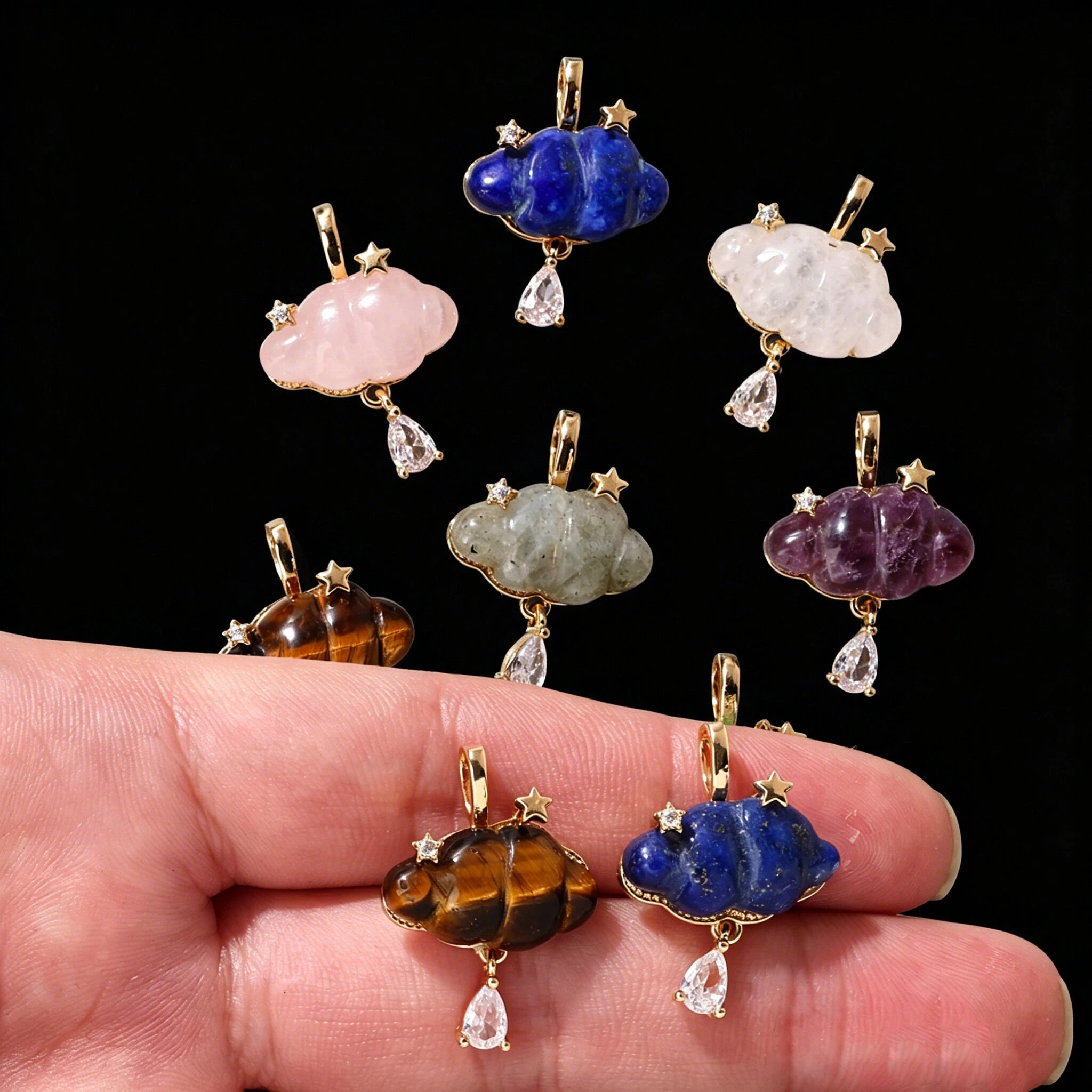 Pendentif en pierre naturelle de quartz, design étoile et nuage, améthystes, perles œil de tigre, breloques pour la fabrication de colliers délicats DIY