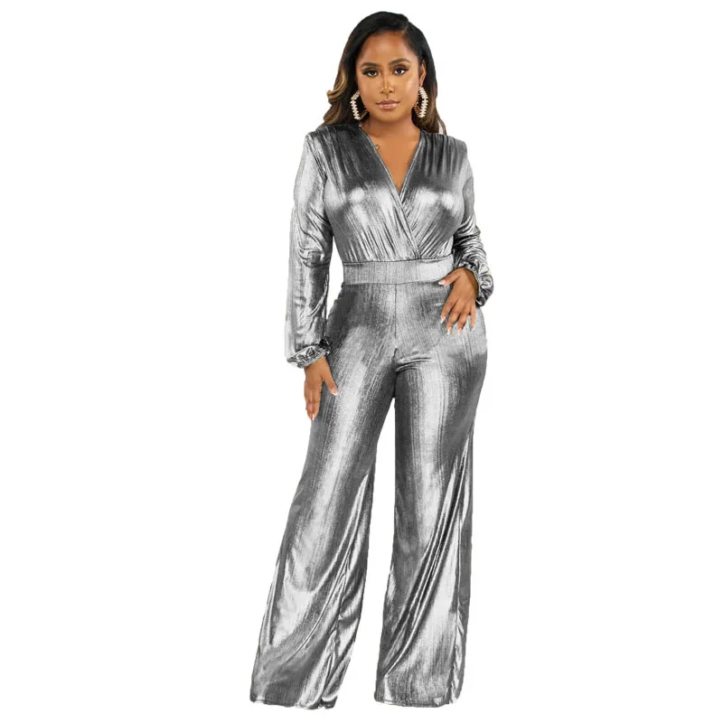 Glitter Metallic Party Nightclub Jumpsuit Women 2023 Autumn Elegant Long Sleeve High Waist Wide Leg Trousers Romper For Women