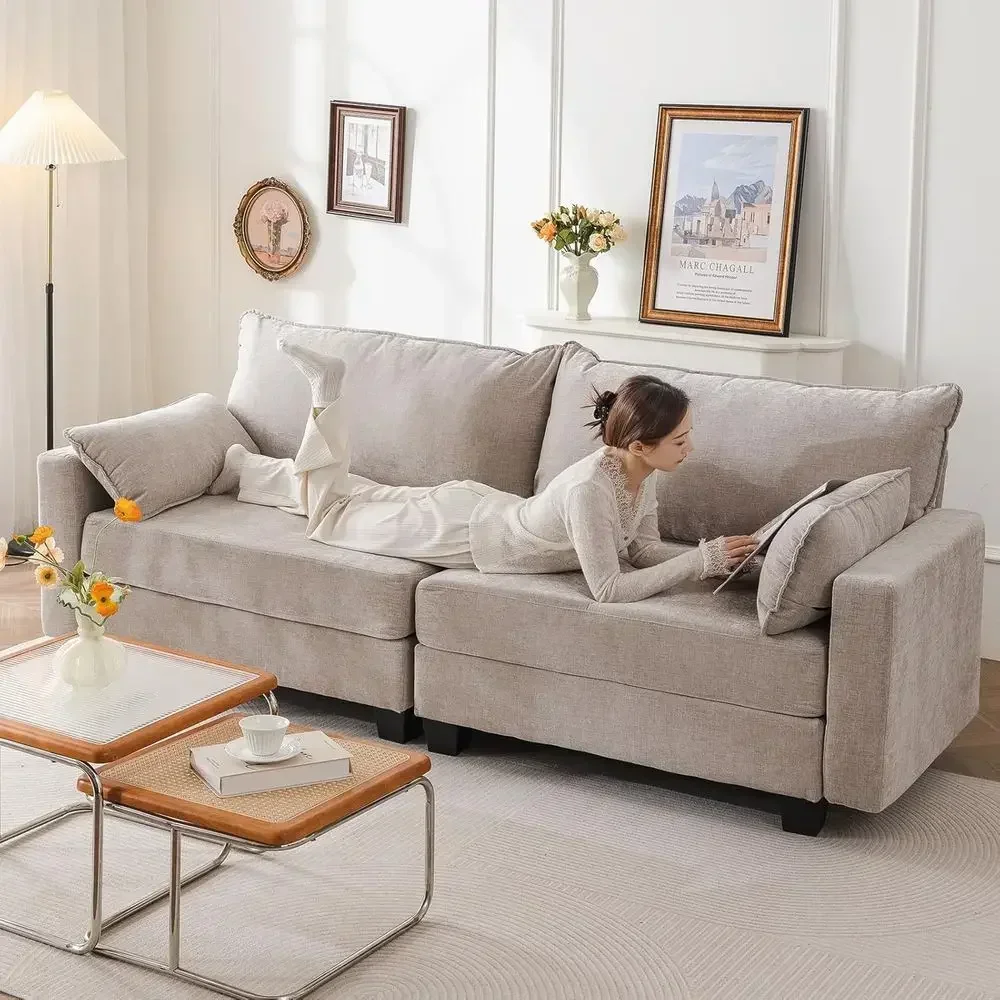 94 Sectional Sofa with Storage, Oversized 3-Seat Couches, Plush Loveseat, Bedroom or Living Room, Chenille Fabric, Khaki Color