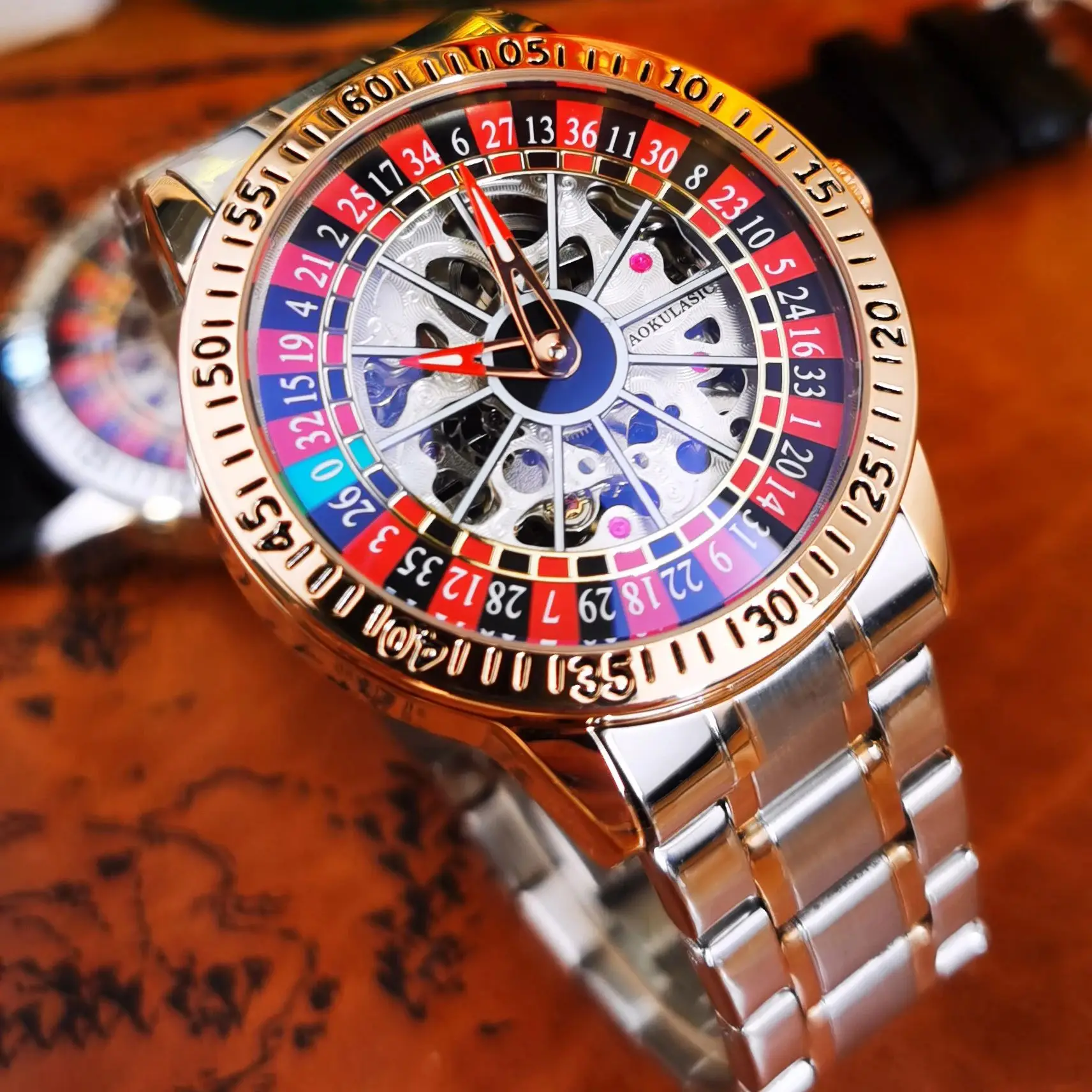 

Роскошные брендовые часы-скелетоны для мужчин с вращающимся внутренним циферблатом, модные автоматические механические часы с ремешком из нержавеющей стали AOKULASIC