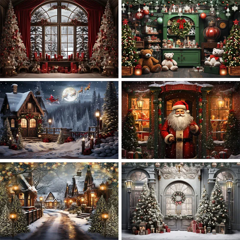 

Winter Christmas Decoration Background Xmas Tree Forest Town Santa Claus Backdrops Children Adults Portrait Photo Studio Props