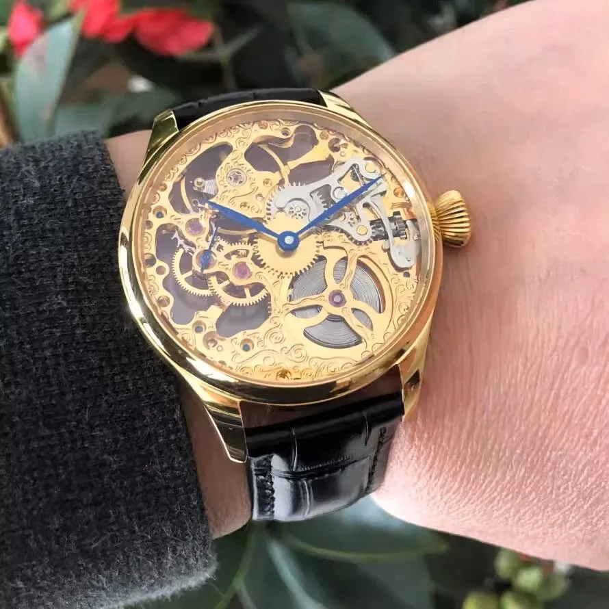 Men's mechanical watch 41mm gold-toned skeleton engraving ST3600SK manual movement blue lancet mechanical watch