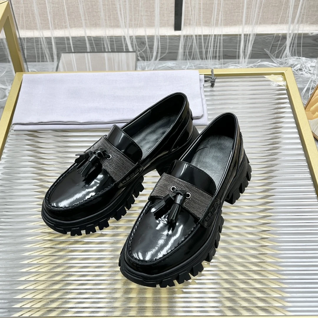 

Leather Shoes with Suede Tassels for Women Leisure and Light Luxury Rubber Platform Monochrome Loafers High Quality Ladies Shoes