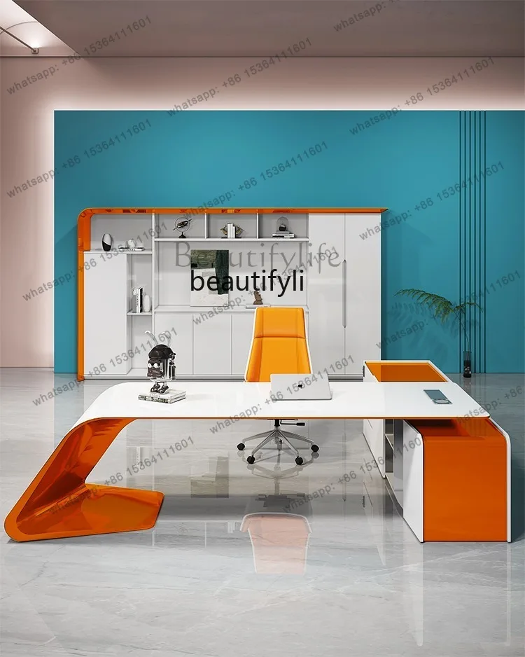 Factory CustomizationDesigner Creative Painting Modern Simple White Orange Manager Supervisor Desk Technology Sense President De