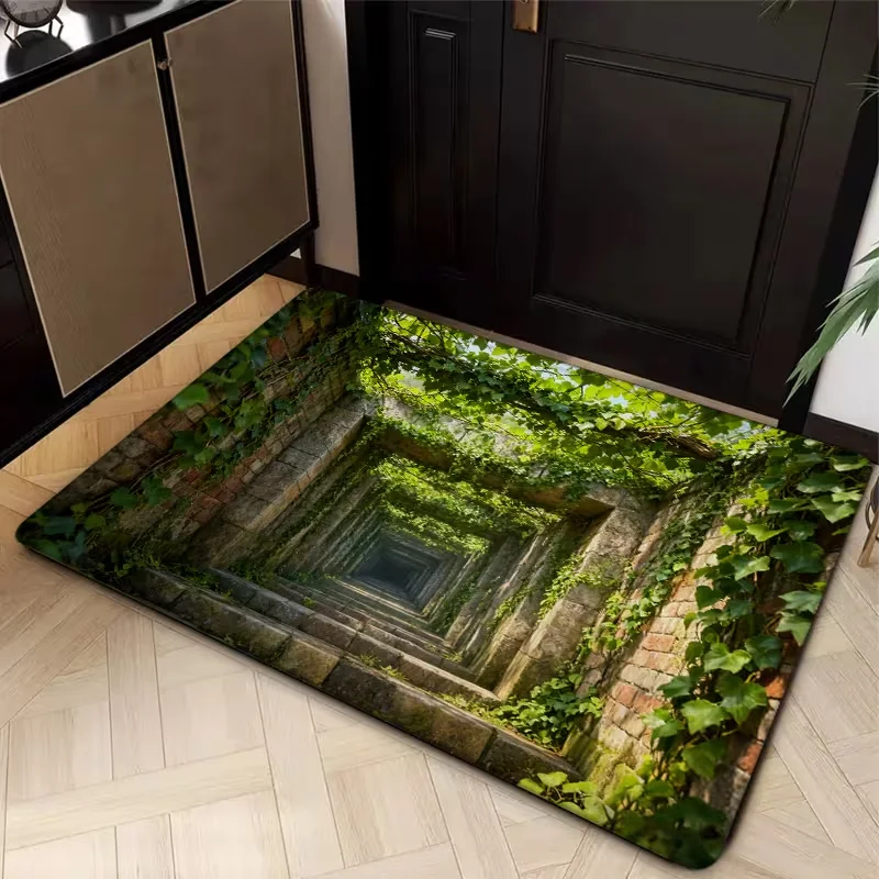 Ivy Stone Tunnel Door Mat Non Slip Dirt Catching Floor Rug Creative Optical Illusion Green Vine Entrance Carpet For Front Door