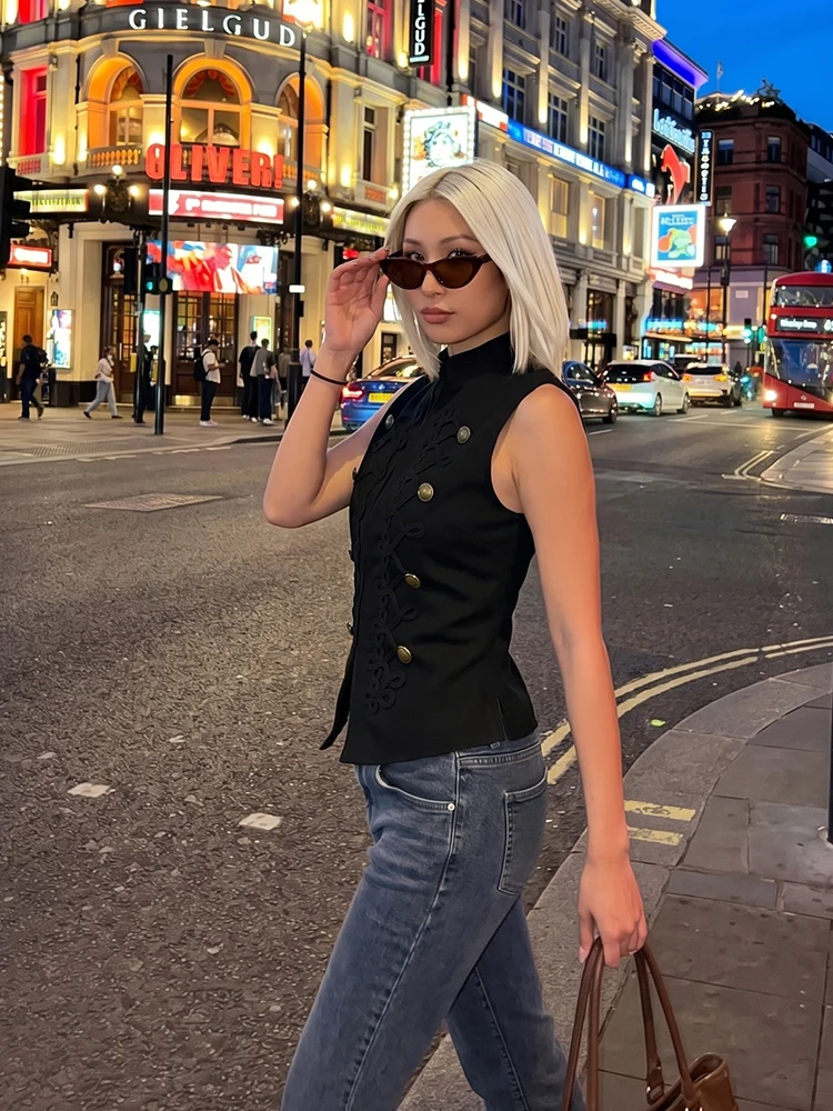 HH Women's Spring and Autumn Black Victoria Vest Chinese Collar Double Breasted Sleeveless Top Casual Party Commuting Daily Wear