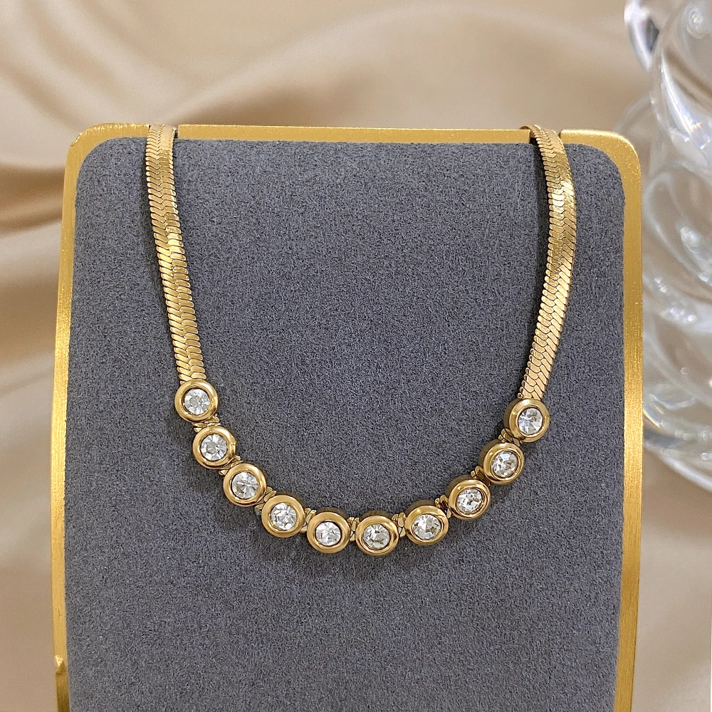 Flashbuy Stainless Steel Chic Trendy Inlay White Zircon Snake Bone Chain Necklace For Women Charm Gold Color Fashion Jewelry