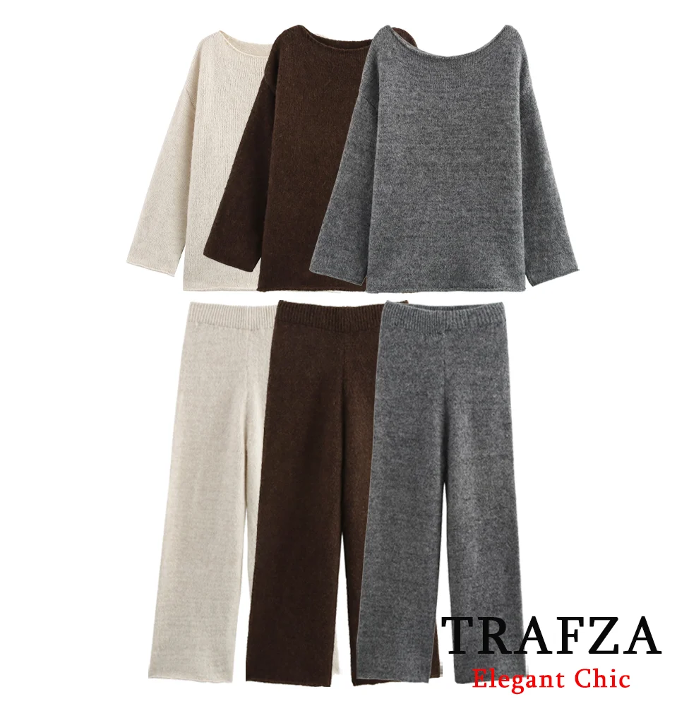 TRAFZA Women Casual Knit Set Loose Knit O-Neck Sweater Pullover + Pant 2 Pieces Set New 2025 Fashion Spring Fall Simple Pant Set