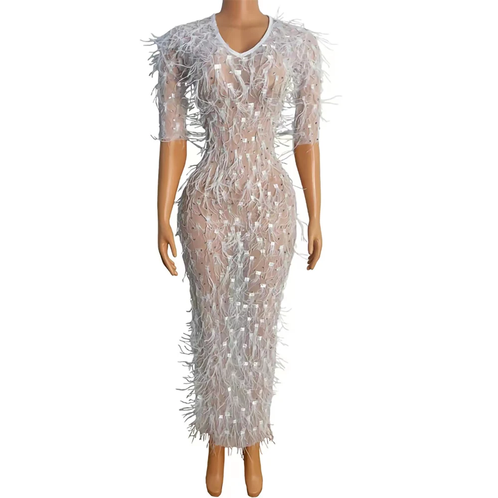 Customized Short Sleeve Feather Streaking lace  High Elastic Sequins Sexy Tight Dress Birthday Party  Dress Performance Dress